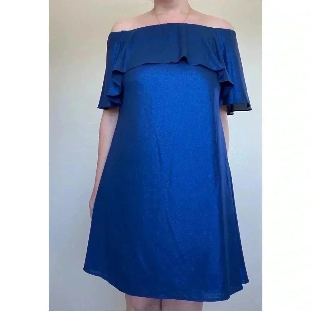 H Halston Blue Shimmer Off The Shoulder Dress